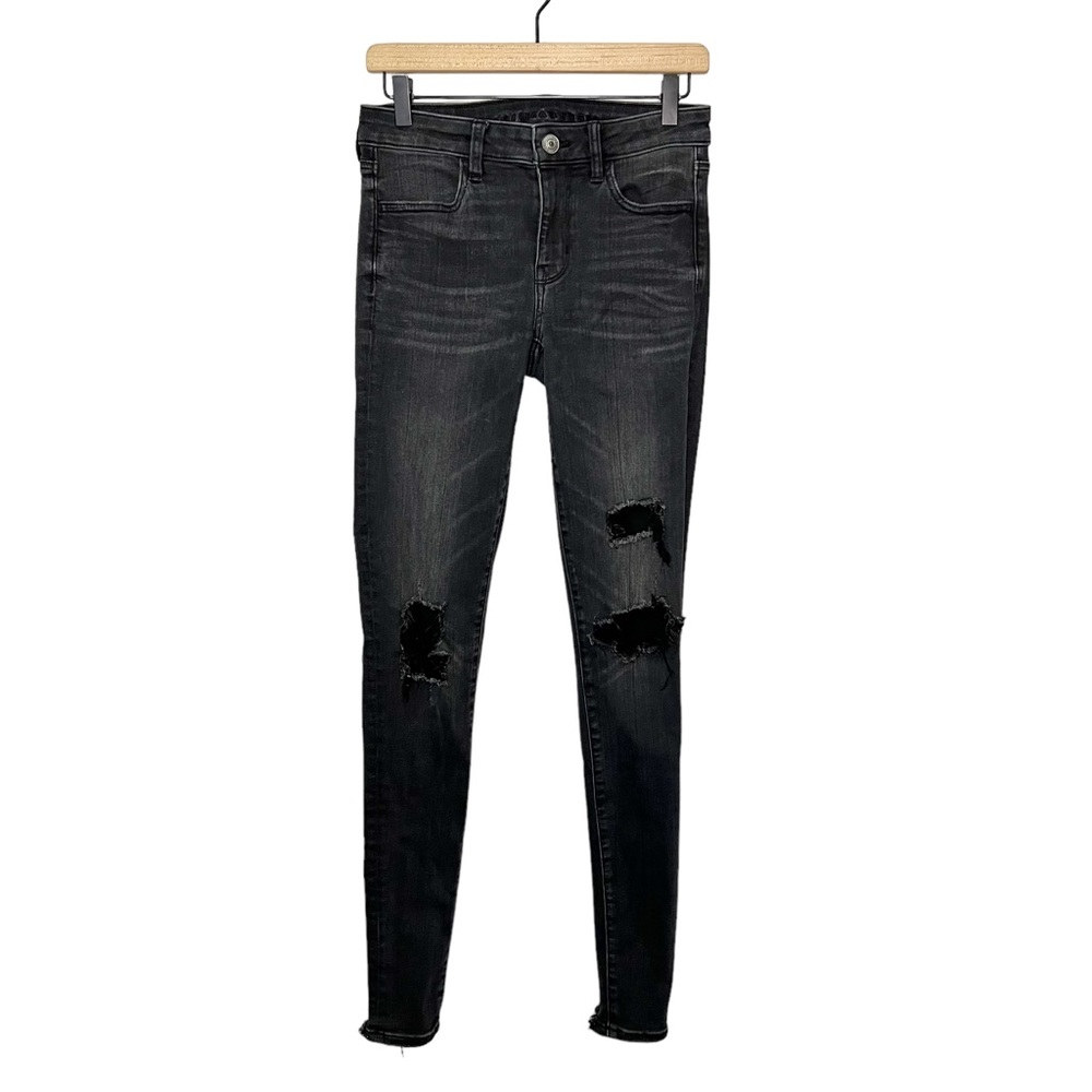 AEO Next Level Stretch Distressed Jegging Jeans in Washed Black 4 X-Long XL Tall